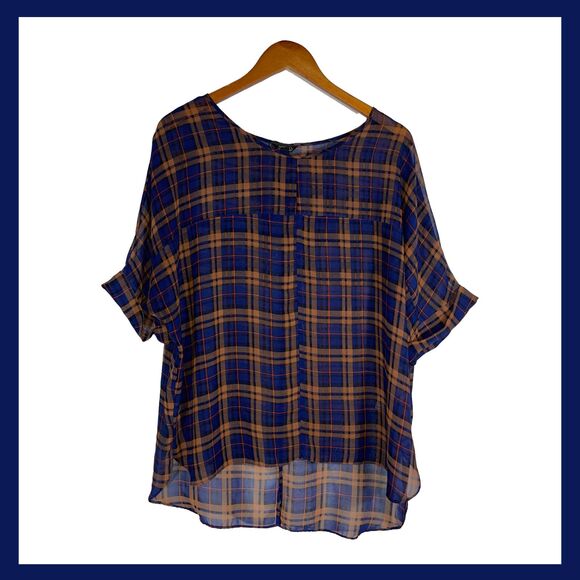 TopShop Plaid Oversized Sheer Blouse Women’s Size US 8 UK 12 Short Sleeve - Picture 1 of 9